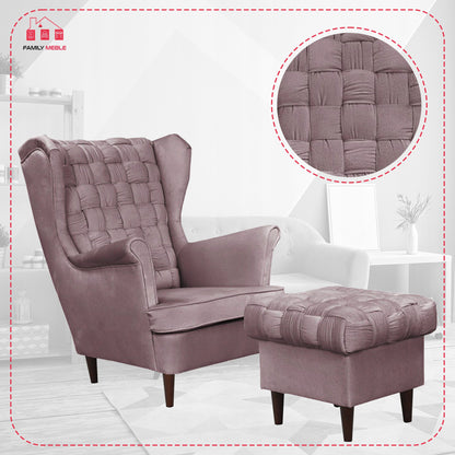 Fotel uszak Carol z podnóżkiem skandynawski Family Meble liliowy róż