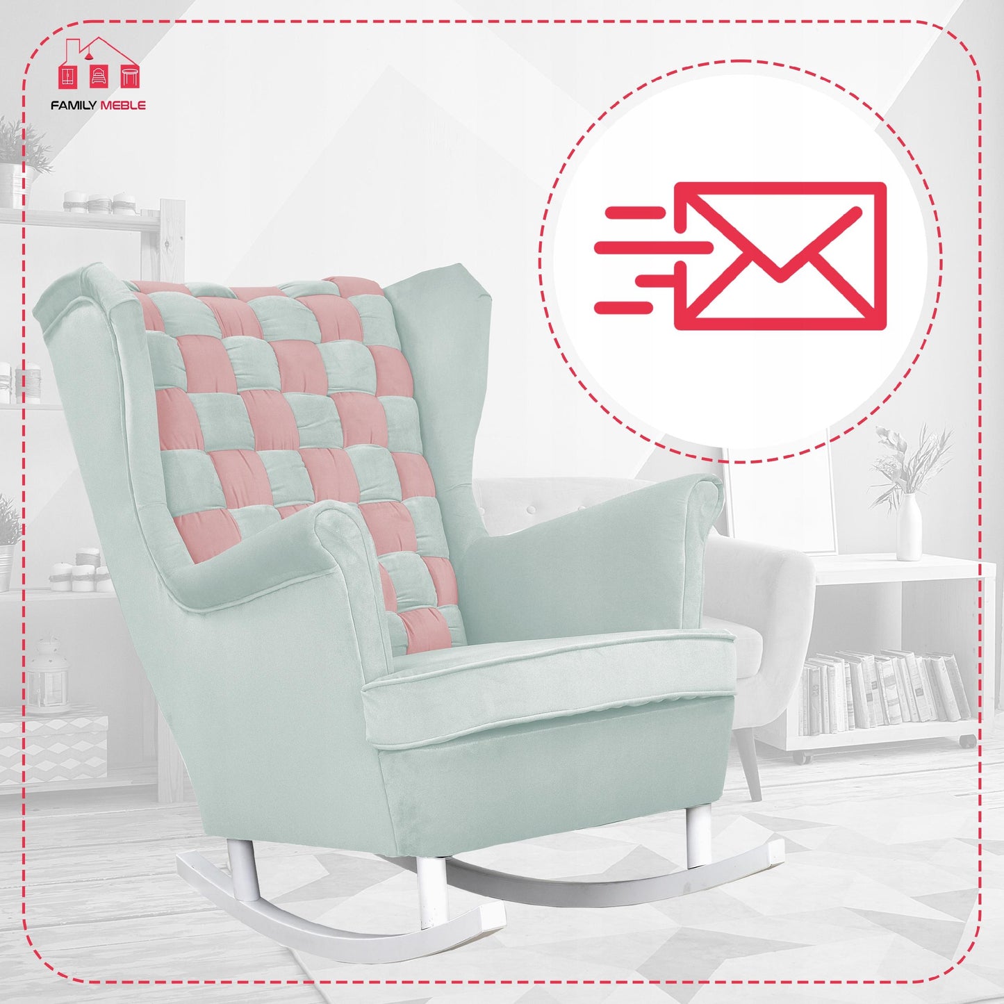 Fotel uszak bujany Carol Duo Family Meble różowo błękitny szachownica welur