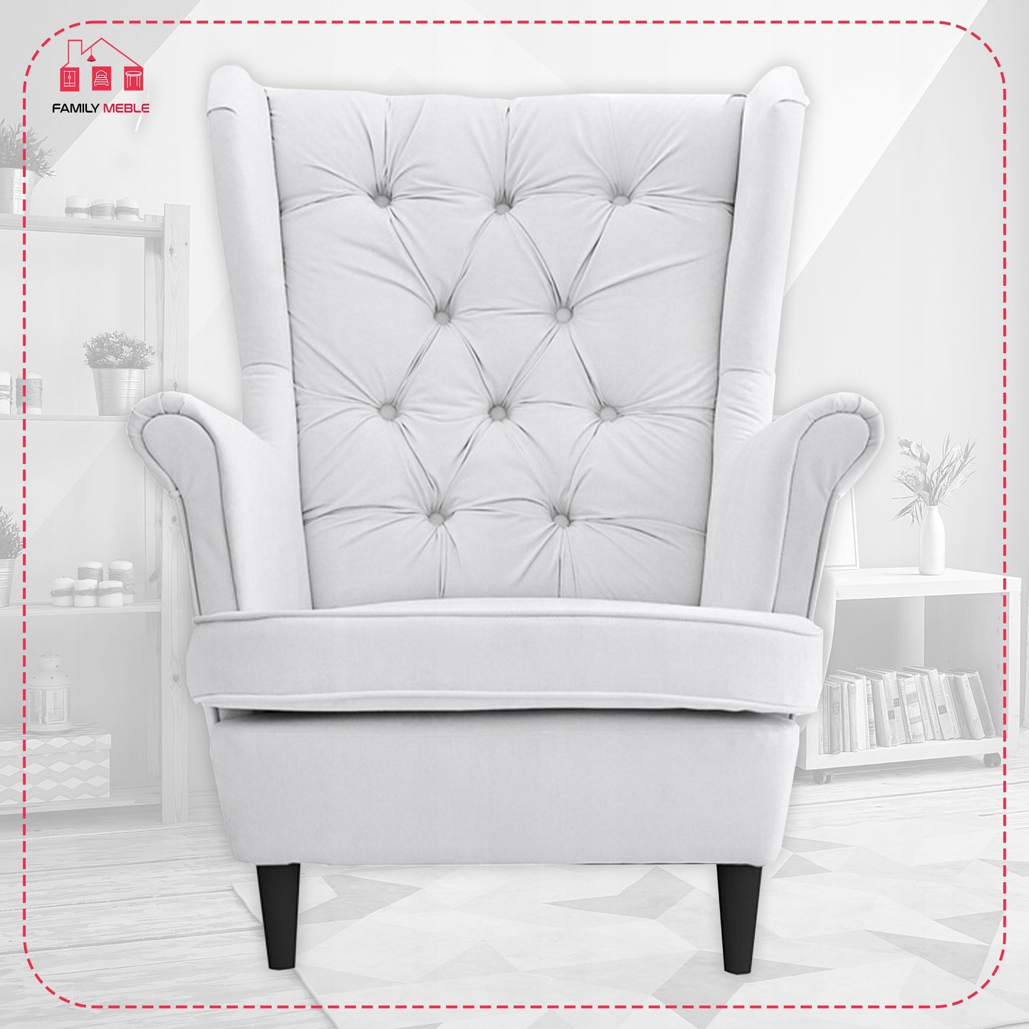 Fotel uszak Gaja skandynawski Famil Meble głęboko pikowana brudna biel