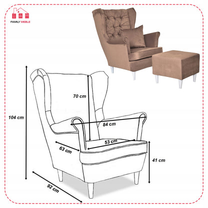 Fotel uszak Gaja z podnóżkiem skandynawski Family Meble nudziak pufa