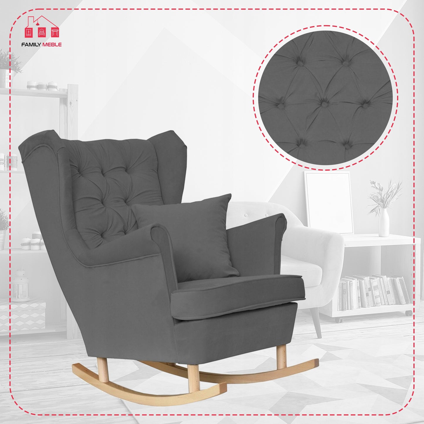 Fotel uszak Gaja bujany skandynawski Family Meble szary welur wygodny antracyt