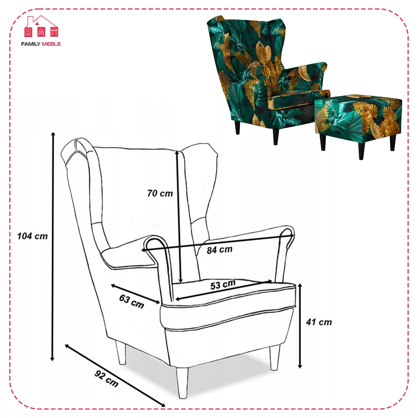 Fotel uszak ARI PRINT z podnóżkiem, skandynawski Family Meble zielony