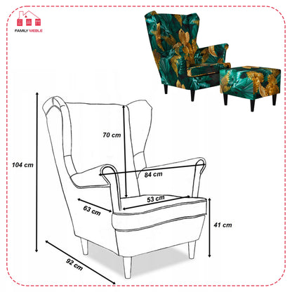 Fotel uszak ARI PRINT z podnóżkiem, skandynawski Family Meble zielony