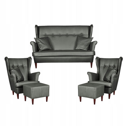 Zestaw wypoczynkowy mebli uszak Eko skóra sofa fotele pufy Family Meble komplet