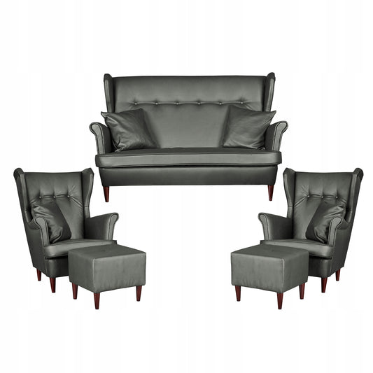 Zestaw wypoczynkowy mebli uszak Eko skóra sofa fotele pufy Family Meble komplet