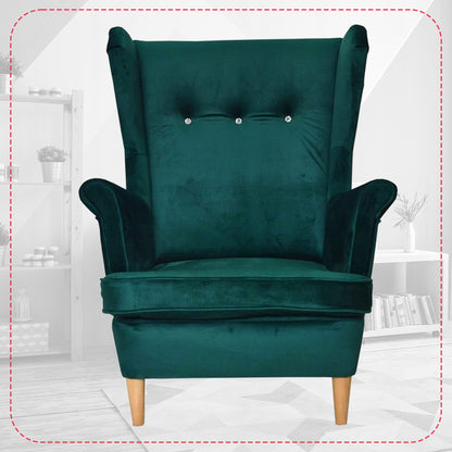 Fotel uszak ARI z podnóżkiem, skandynawski Family Meble ciemno zielony