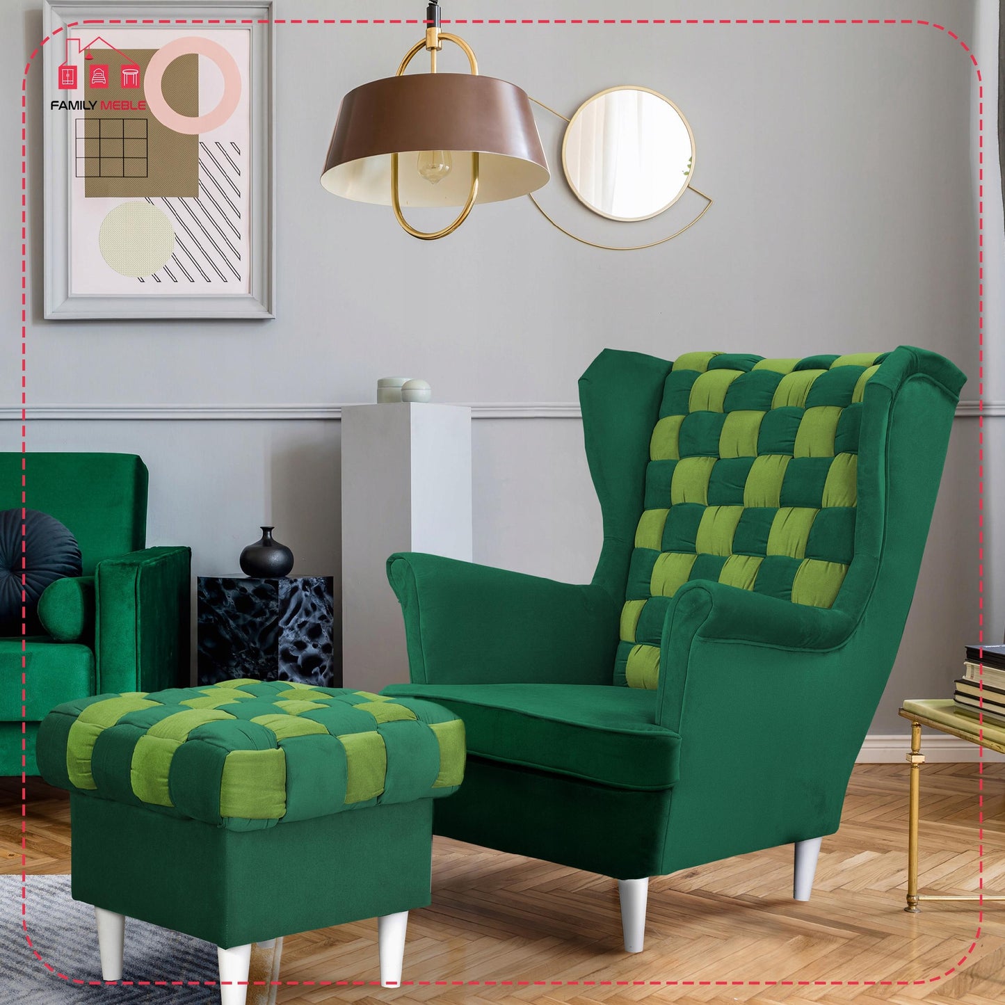 Fotel uszak Carol Duo z podnóżkiem skandynawski Family Meble brązowy żółty