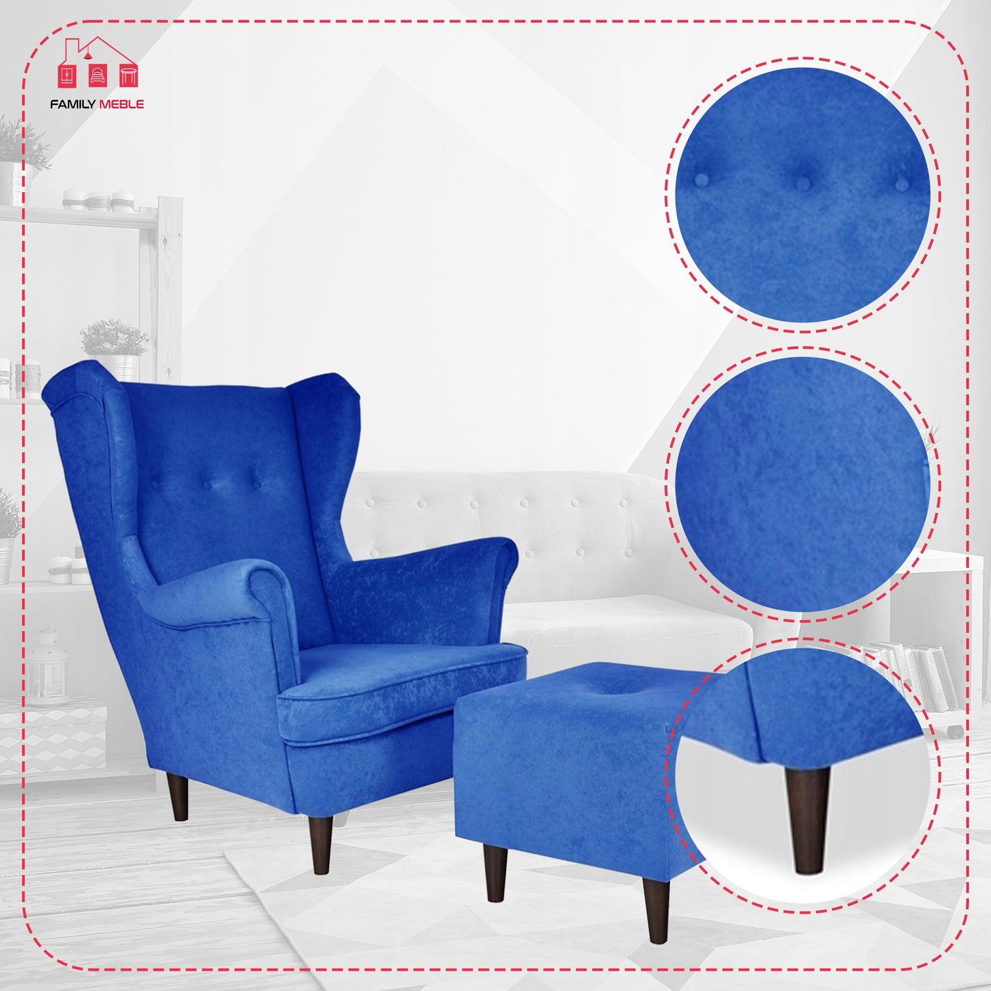 Fotel uszak ARI z podnóżkiem, welur niebieski do relaksu Family Meble