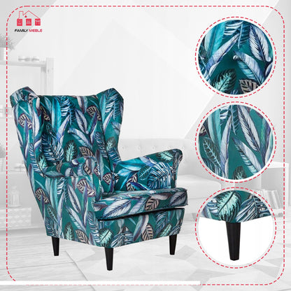 Fotel uszak ARI PRINT skandynawski Family Meble liście pióra zielone