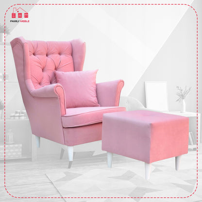 Fotel uszak Gaja z podnóżkiem skandynawski Family Meble pastelowy róż