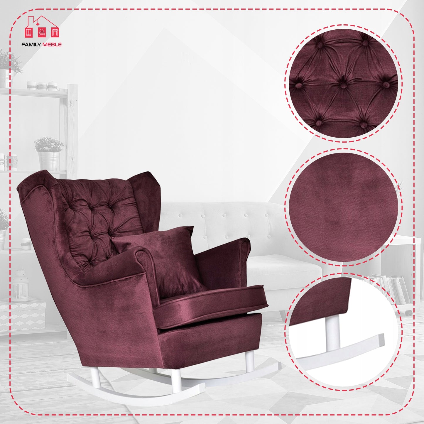Fotel uszak Gaja bujany skandynawski Family Meble purpurowy rubinowy