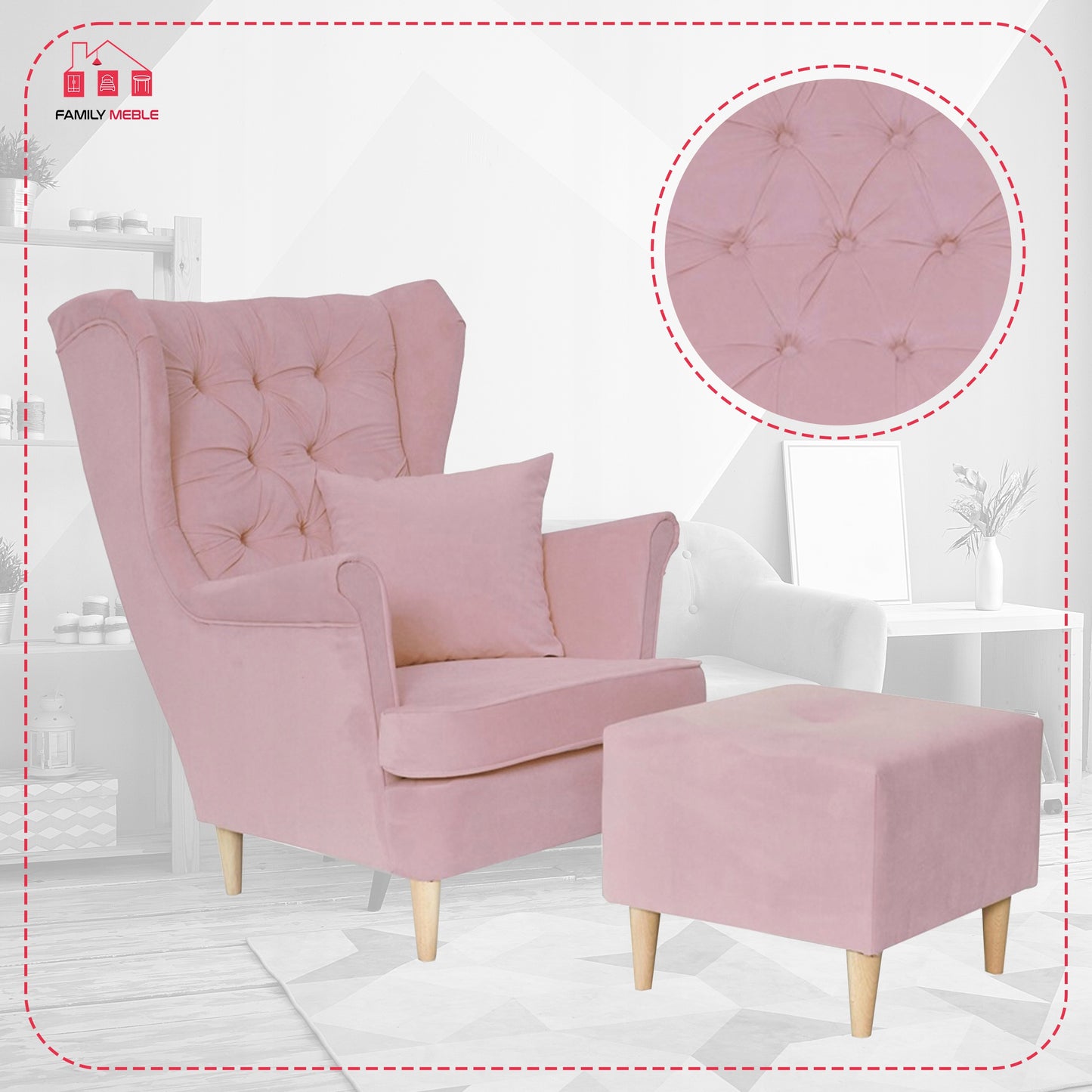 Fotel uszak Gaja z podnóżkiem skandynawski Family Meble z pufką różowy