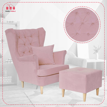 Fotel uszak Gaja z podnóżkiem skandynawski Family Meble z pufką różowy