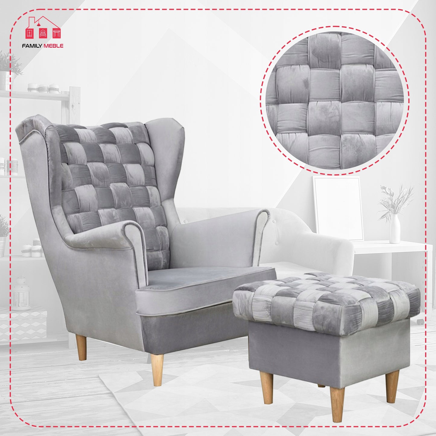 Fotel uszak Carol z podnóżkiem skandynawski Family Meble siwy aksamit