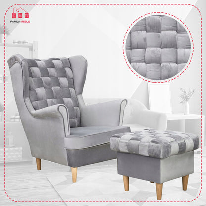 Fotel uszak Carol z podnóżkiem skandynawski Family Meble siwy aksamit