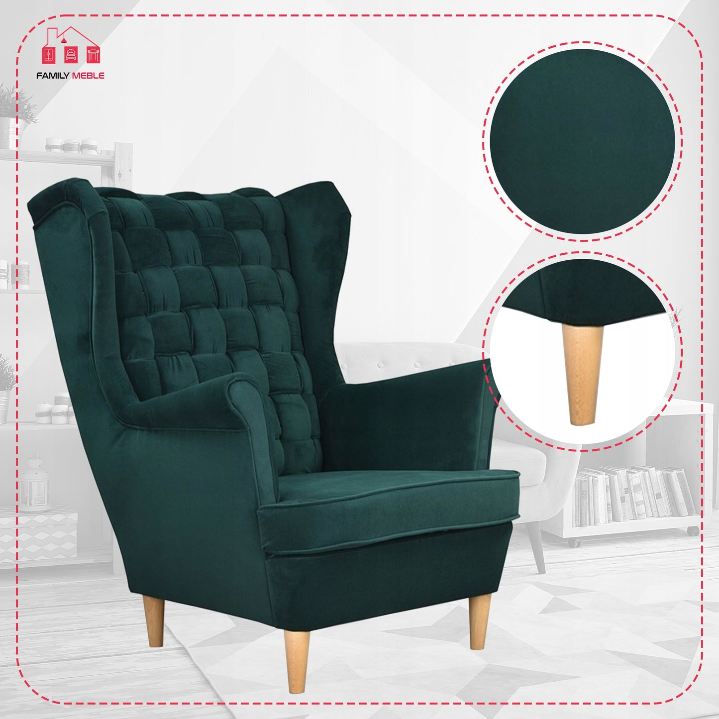 Fotel uszak Carol skandynawski Family Meble butelkowa zieleń, zielony