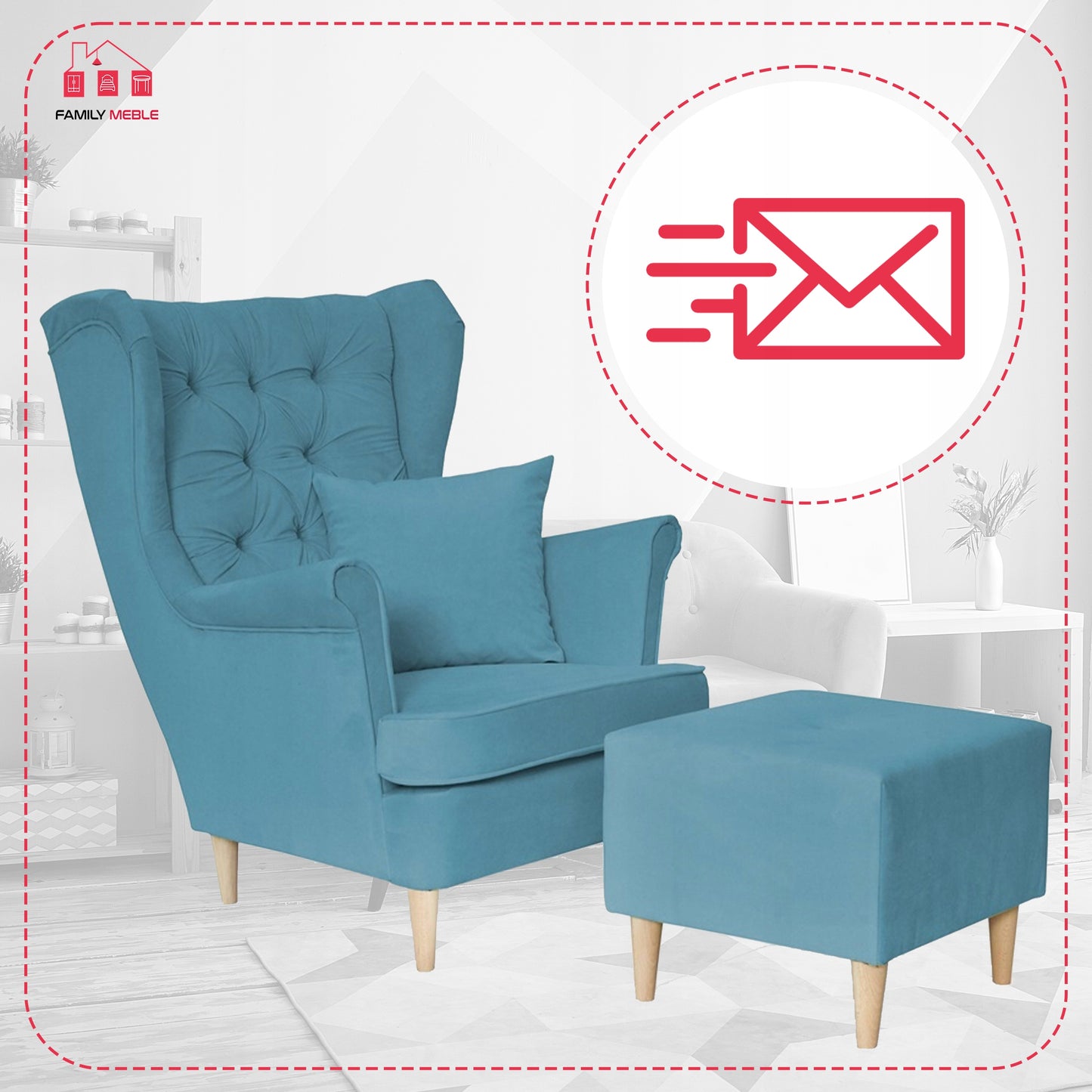 Fotel uszak Gaja z podnóżkiem skandynawski Family Mebl niebieski jasny