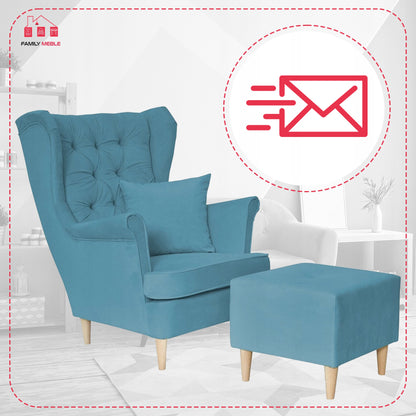 Fotel uszak Gaja z podnóżkiem skandynawski Family Mebl niebieski jasny