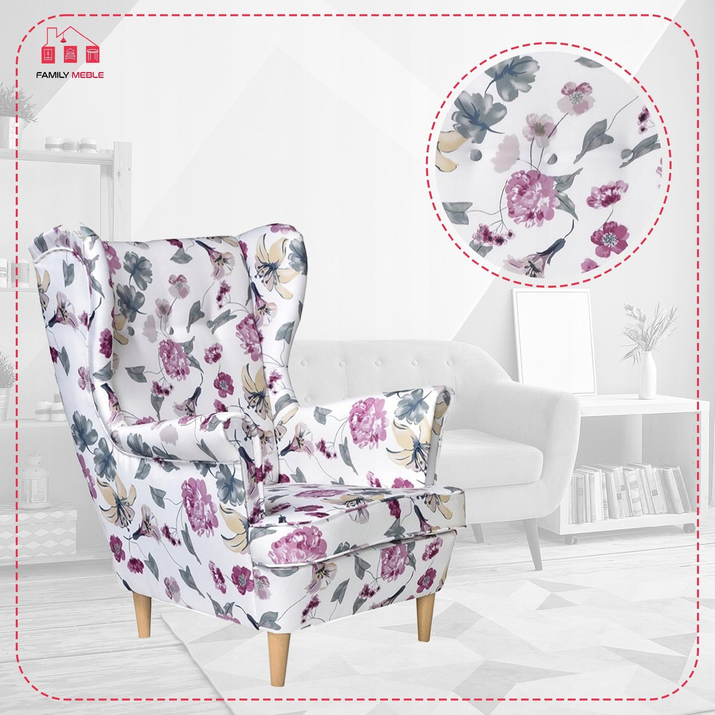 Fotel uszak ARI PRINT skandynawski Family Meble welur kwiaty goździki