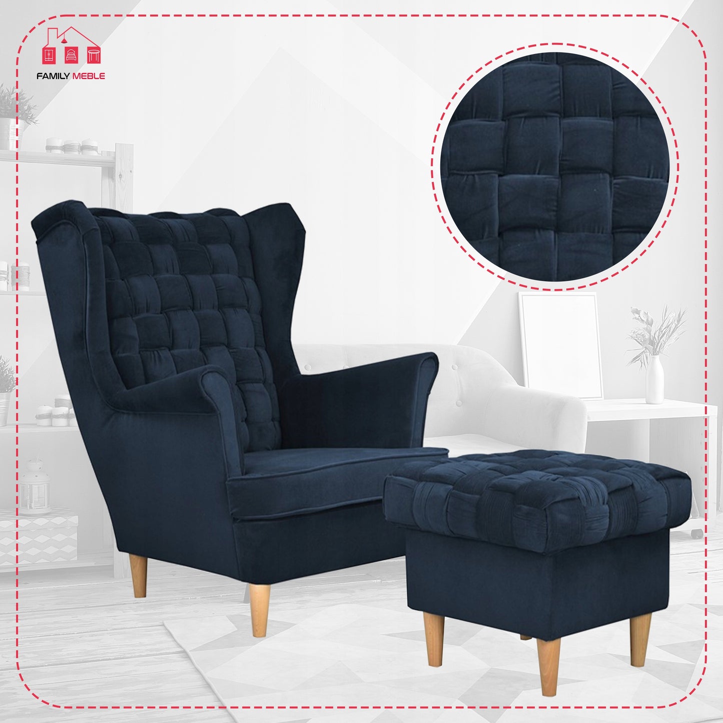 Fotel uszak Carol z podnóżkiem skandynawski Family Meble granatowy