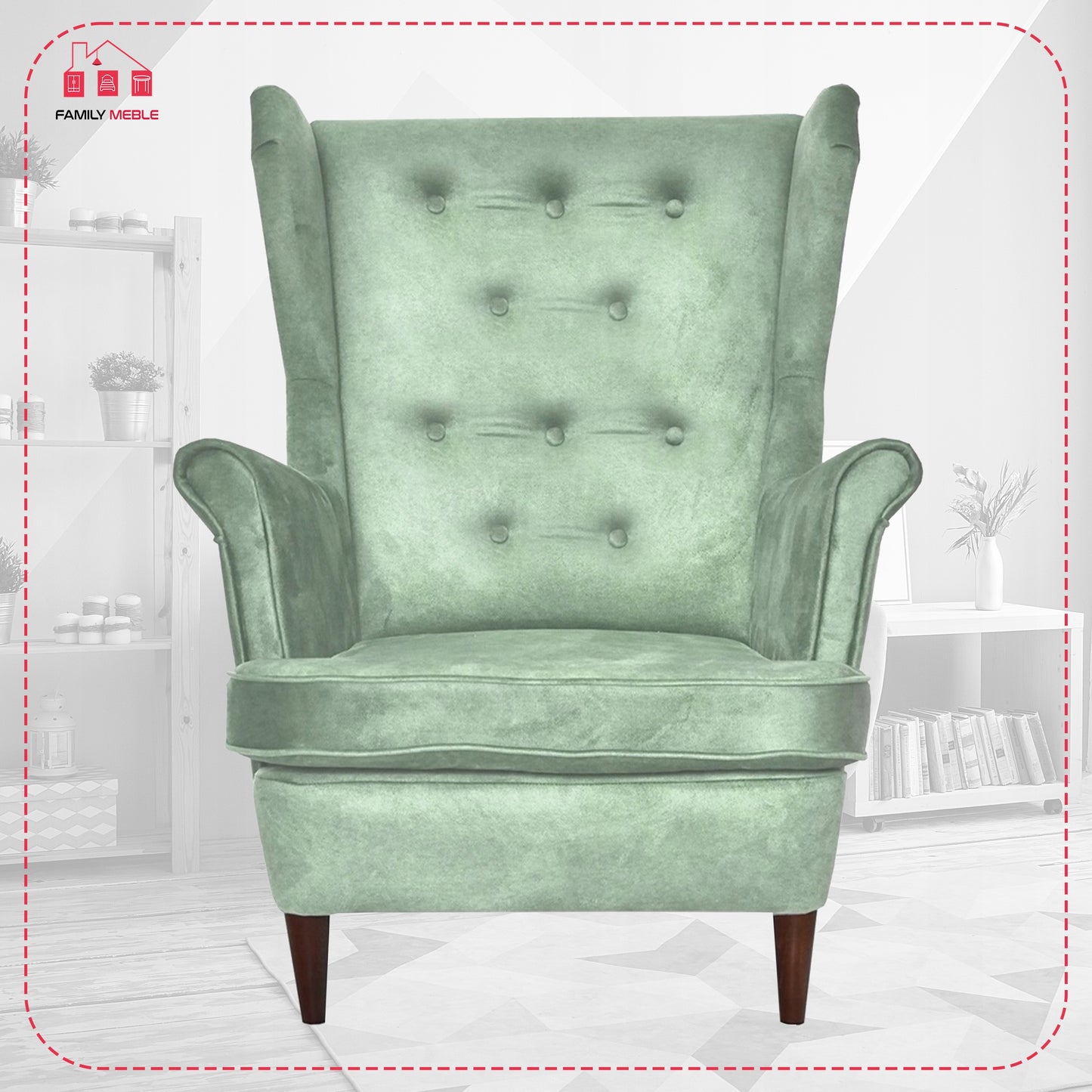 Fotel uszak Diana skandynawski Family Meble miętowy pistacjowy zamszowy