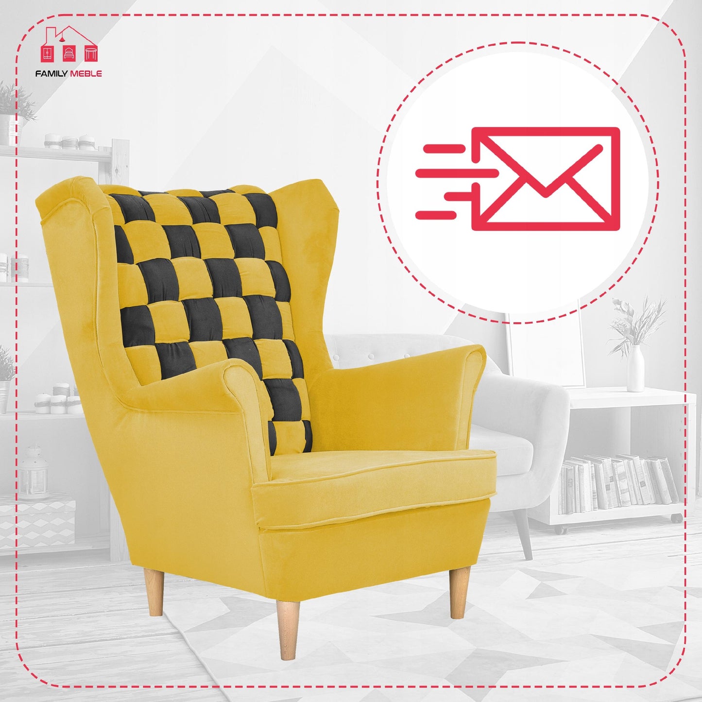 Fotel uszak Carol Duo skandynawski Family Meble żółto czarny paski