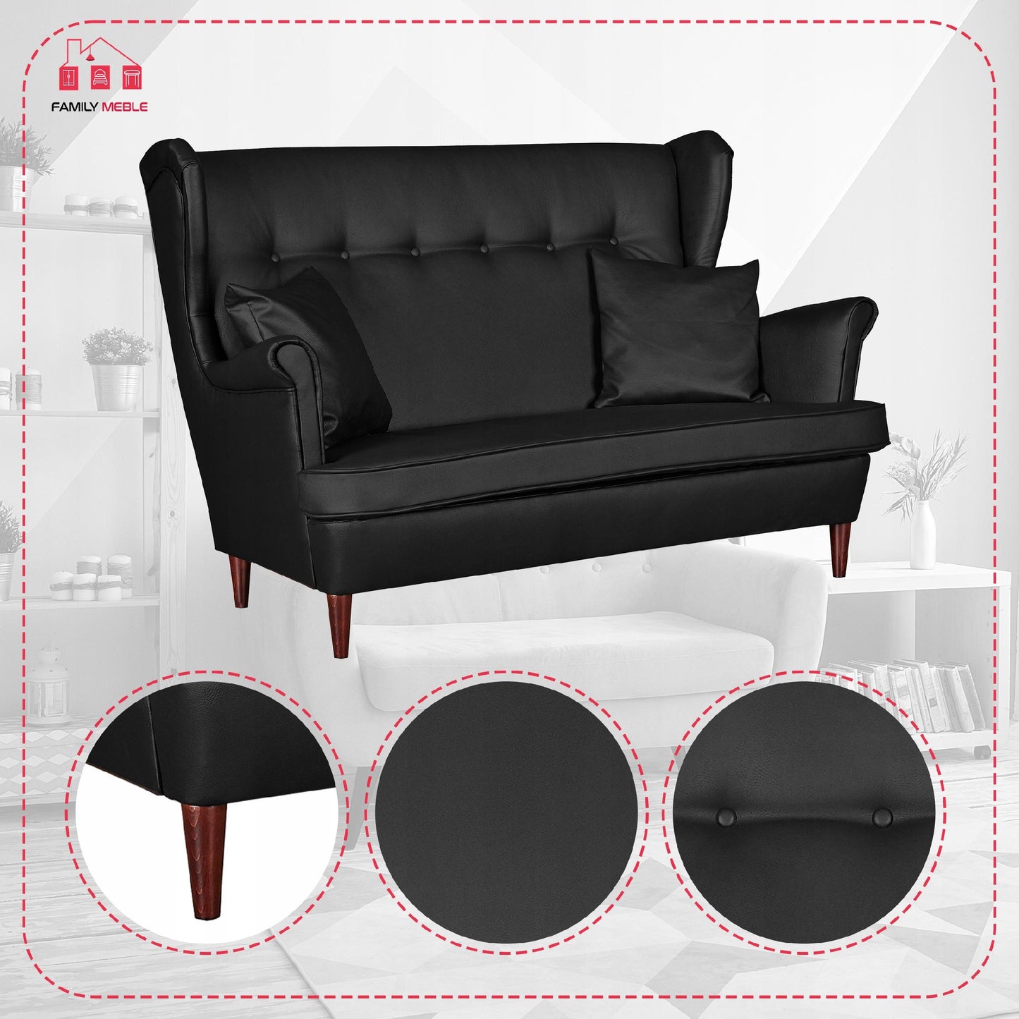 Zestaw wypoczynkowy mebli uszak Eko skóra sofa fotele skandynawskie Family Meble