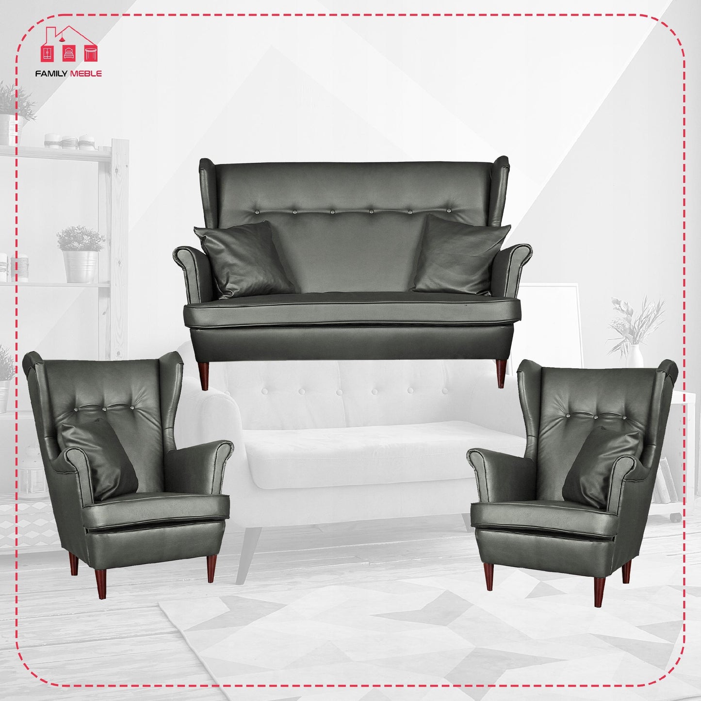 Zestaw wypoczynkowy mebli uszak Eko skóra sofa fotele skandynawskie Family Meble