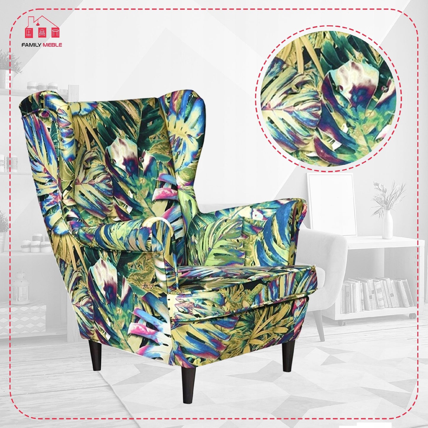 Fotel uszak ARI PRINT skandynawski Family Meble Monstera zielona liści