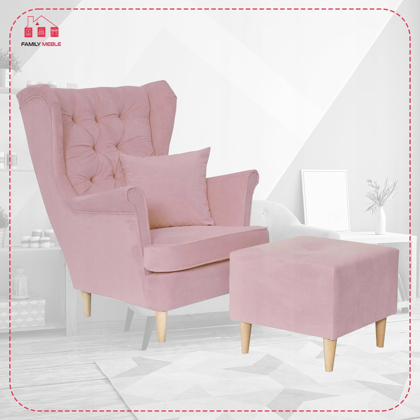 Fotel uszak Gaja z podnóżkiem skandynawski Family Meble z pufką różowy