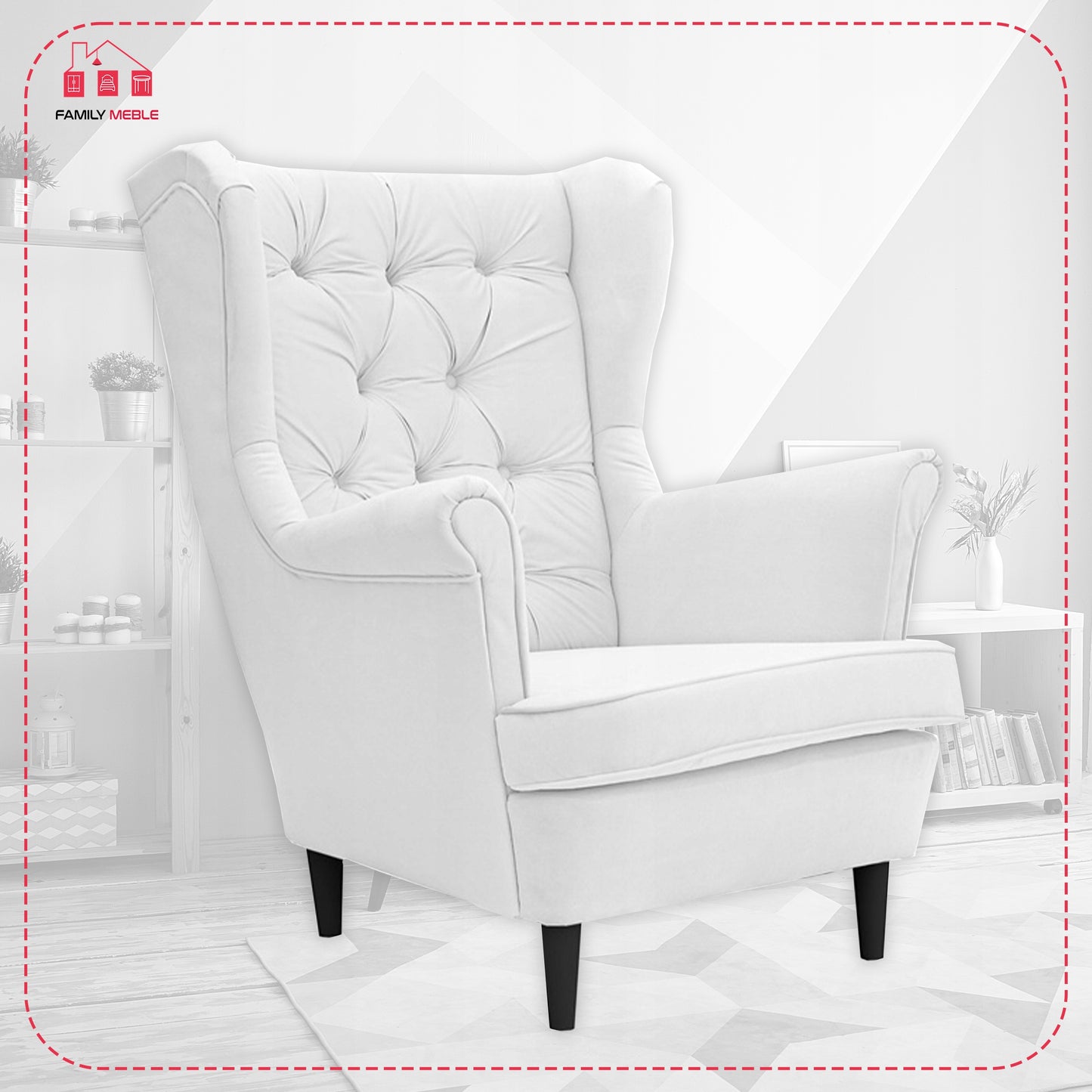 Fotel uszak Gaja skandynawski Famil Meble głęboko pikowana brudna biel