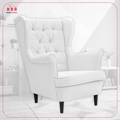 Fotel uszak Gaja skandynawski Famil Meble głęboko pikowana brudna biel