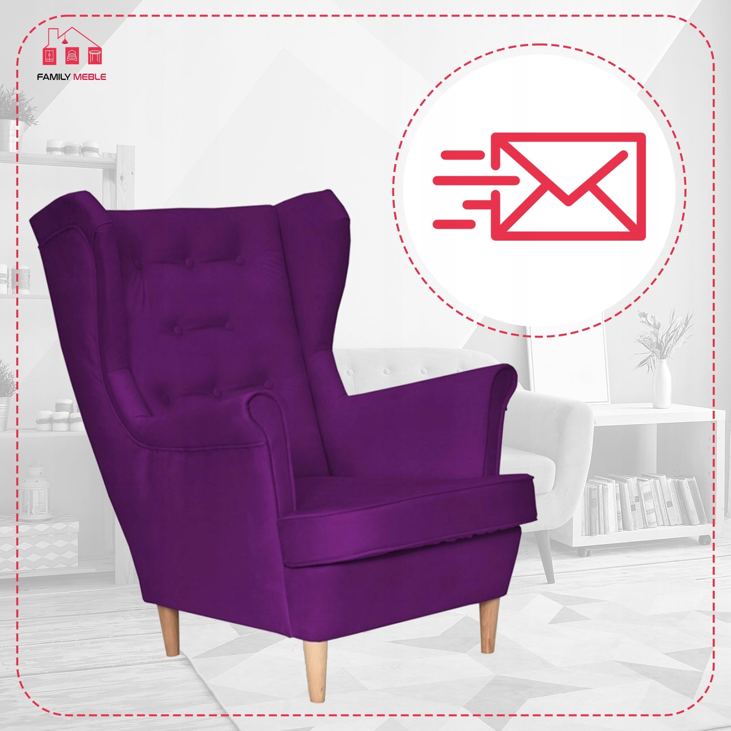 Fotel uszak Diana skandynawski Family Meble fuksja fiolet śliwka welur