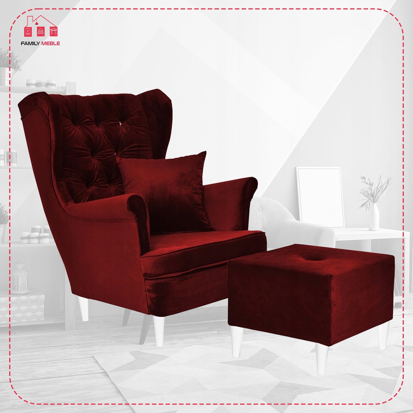 Fotel uszak Gaja podnóżkiem skandynawski Family Meble krwista czerwień