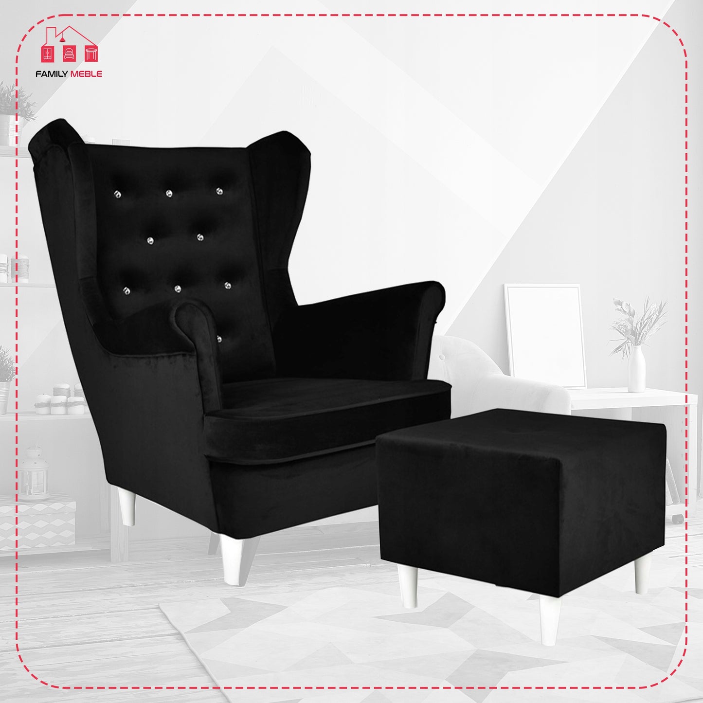 Fotel uszak Diana z podnóżkiem, skandynawski Family Meble czarny welur