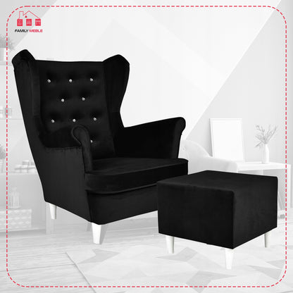 Fotel uszak Diana z podnóżkiem, skandynawski Family Meble czarny welur