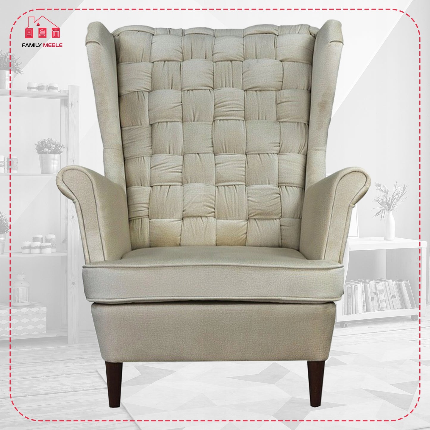 Fotel uszak Carol z podnóżkiem skandynawski Family Meble jasny beżowy