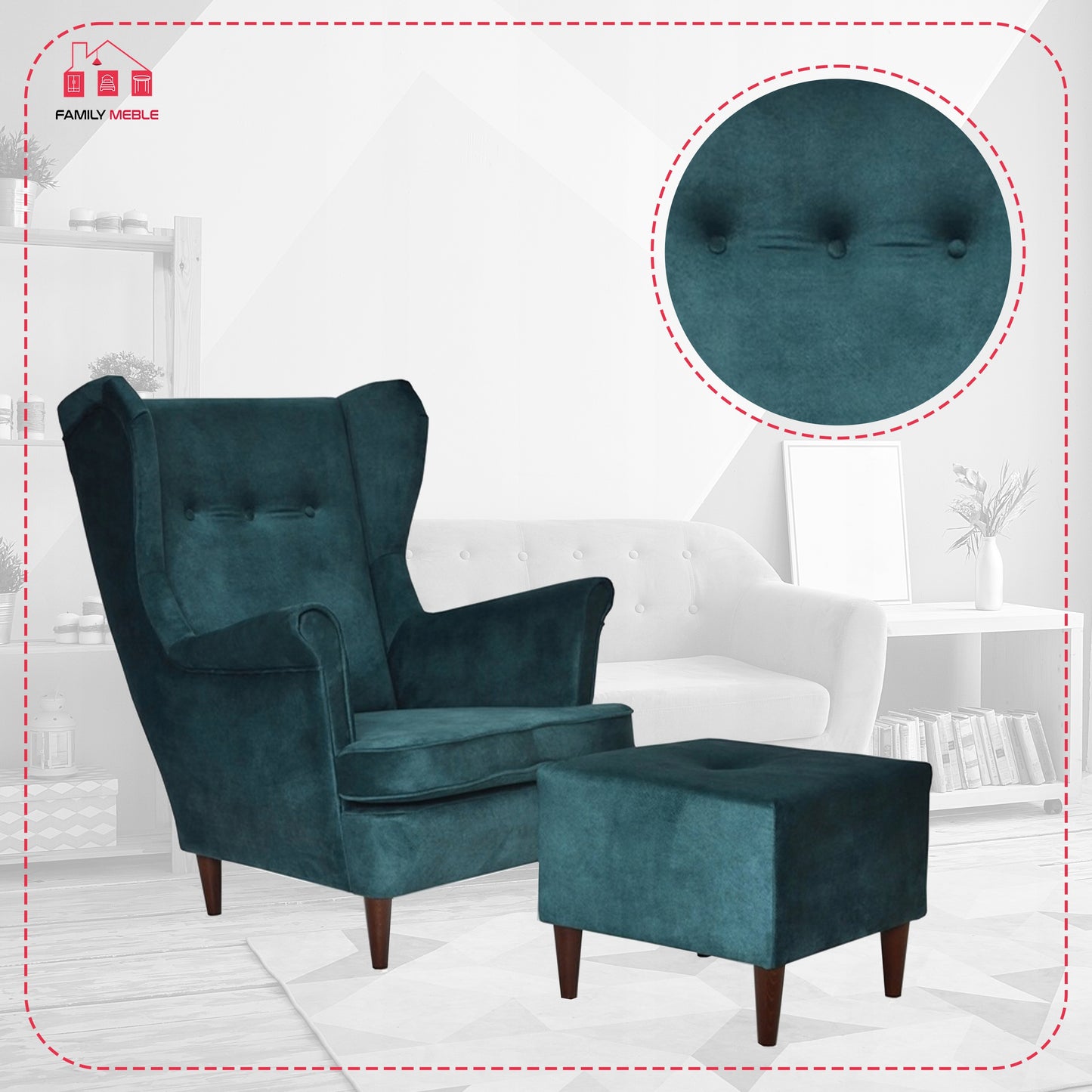 Fotel uszak ARI z podnóżkiem, skandynawski Family Meble ciemny turkus