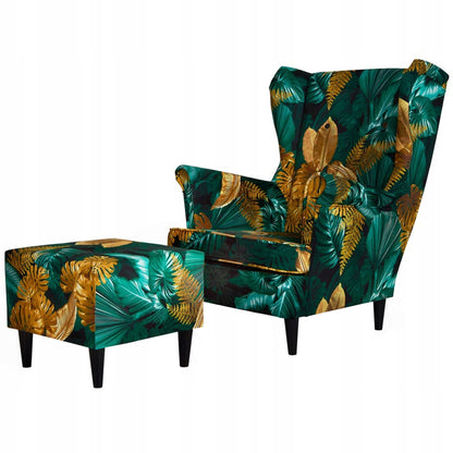 Fotel uszak ARI PRINT z podnóżkiem, skandynawski Family Meble zielony