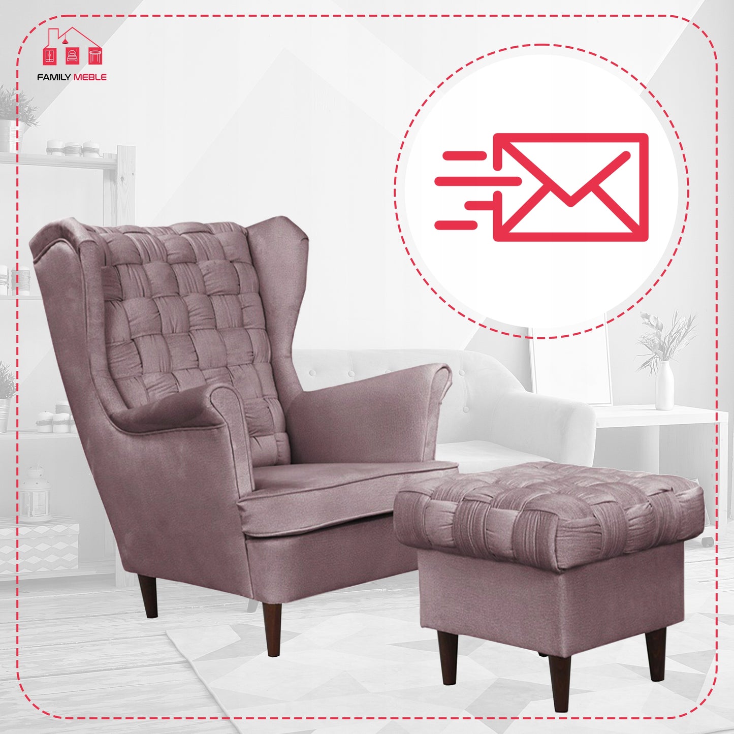 Fotel uszak Carol z podnóżkiem skandynawski Family Meble liliowy róż