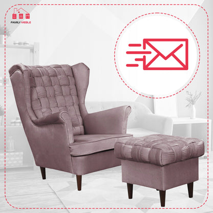 Fotel uszak Carol z podnóżkiem skandynawski Family Meble liliowy róż