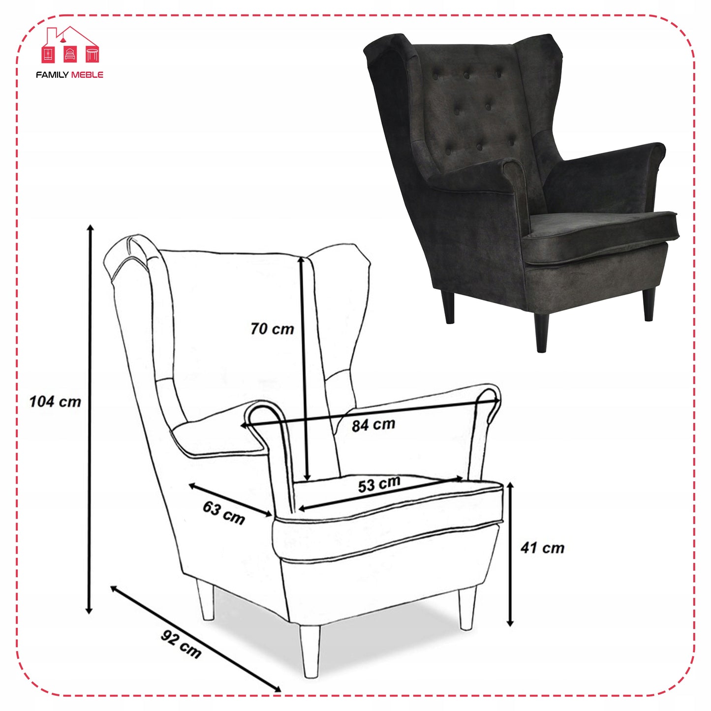 Fotel uszak Diana skandynawski Family Meble welur hydrofobowy ciemny