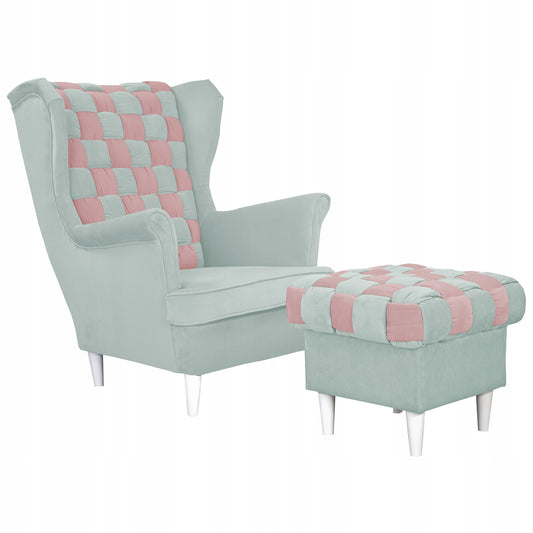 Fotel uszak Carol Duo z podnóżkiem skandynawski Family Meble szary różowy