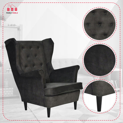 Fotel uszak Diana skandynawski Family Meble welur hydrofobowy ciemny