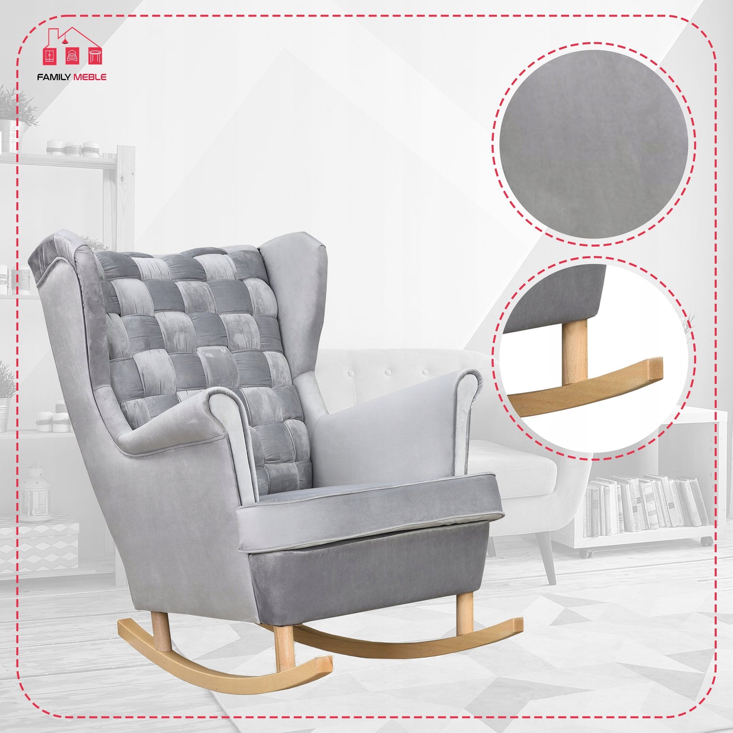 Fotel uszak Carol bujany skandynawski Family Meble siwy AKSAMIT