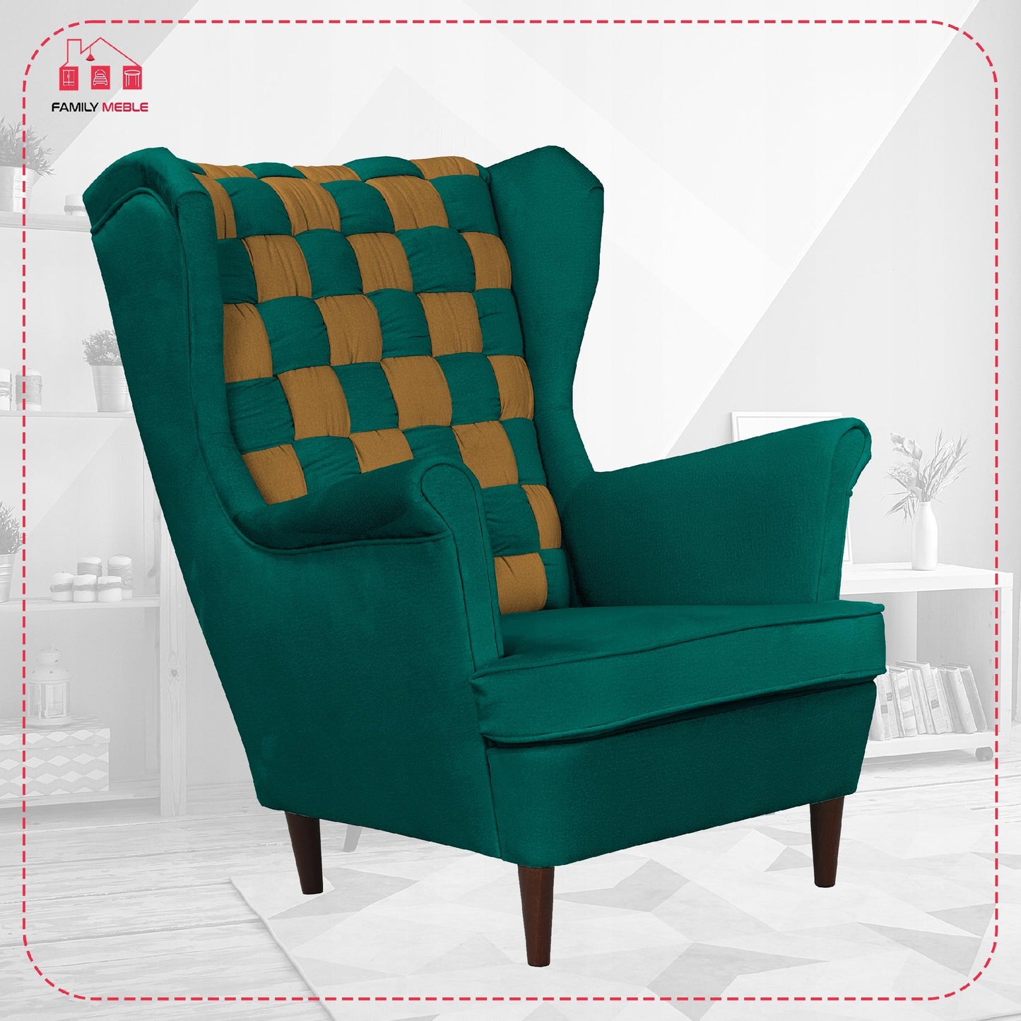 Fotel uszak Carol Duo skandynawski Family Meble zielono złoty, miodowy