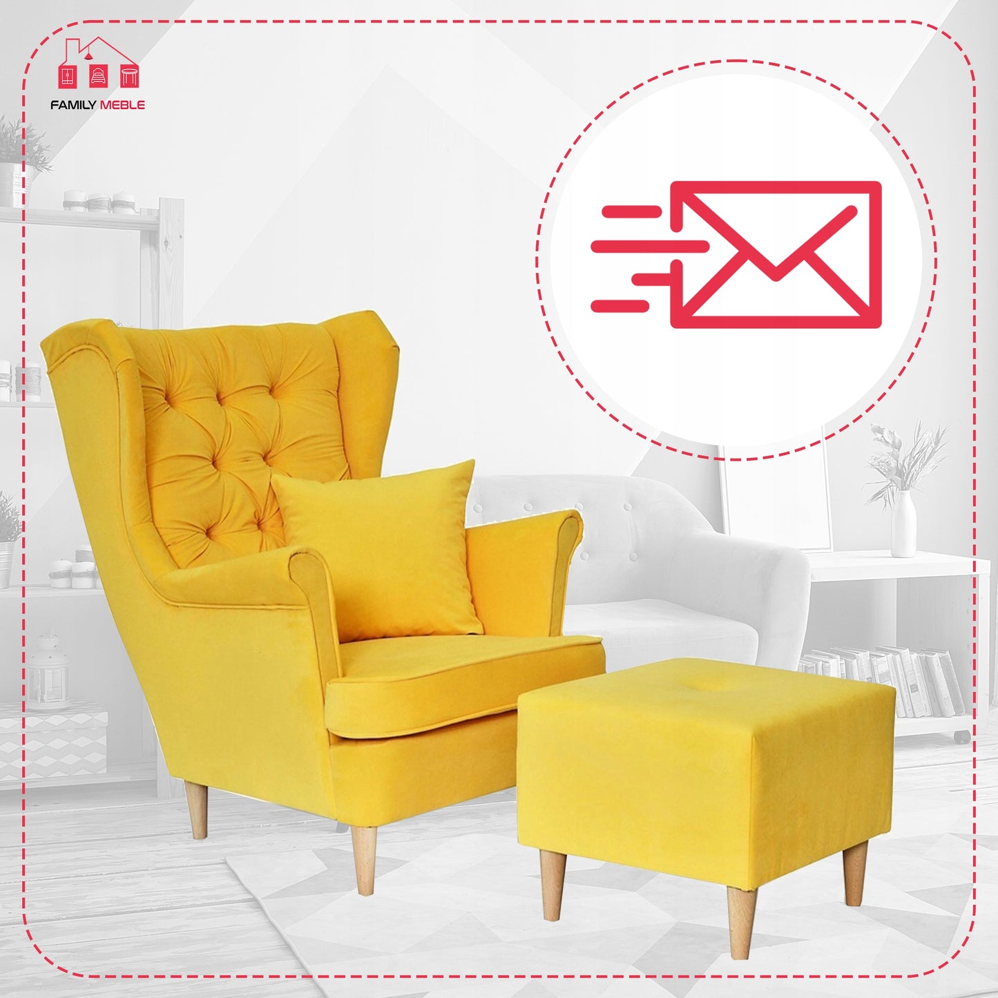 Fotel uszak Gaja z podnóżkiem skandynawski Family Meble yellow + pufa