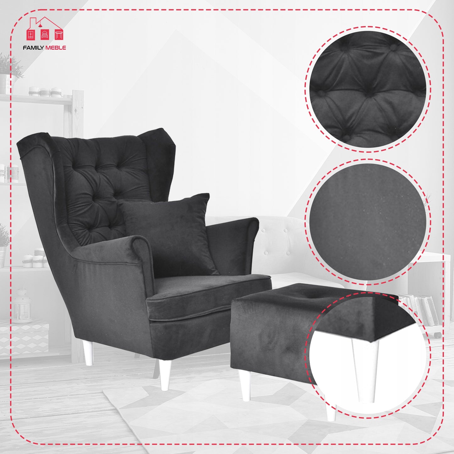 Fotel uszak Gaja podnóżkiem skandynawski Family Meble mysi szary siwy