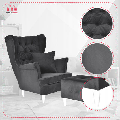 Fotel uszak Gaja podnóżkiem skandynawski Family Meble mysi szary siwy