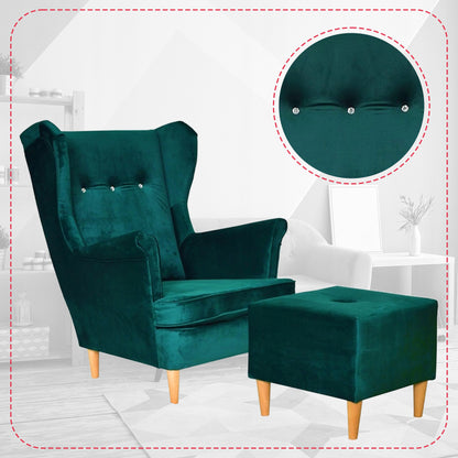 Fotel uszak ARI z podnóżkiem, skandynawski Family Meble ciemno zielony